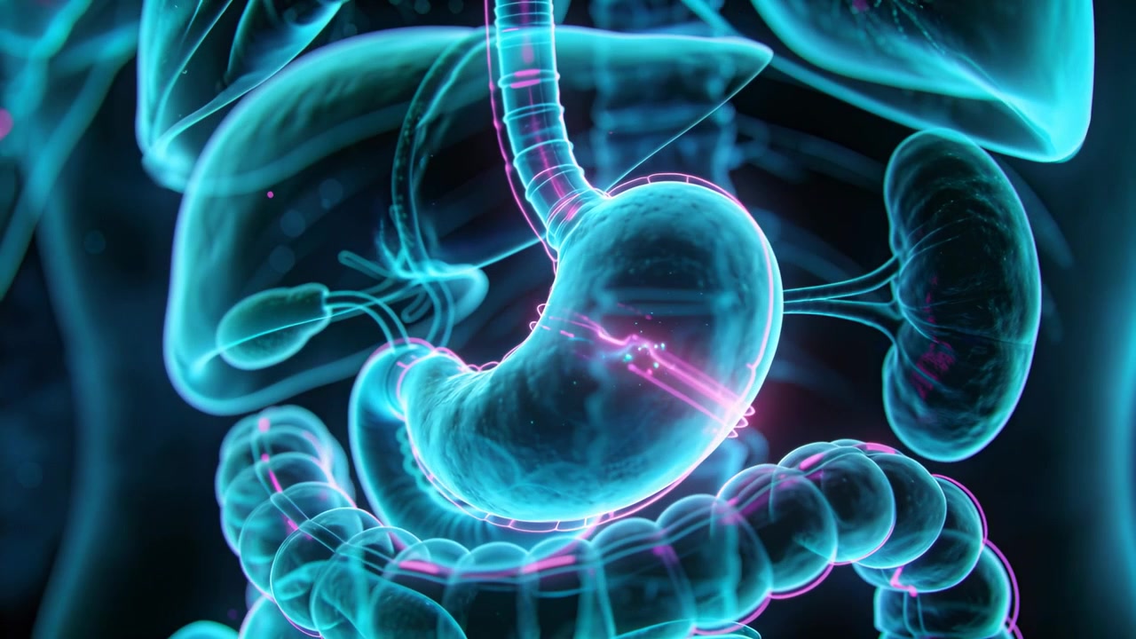 Animating cyan stomach pulsing to duodenum after magenta surge in medical 3D model showing motility