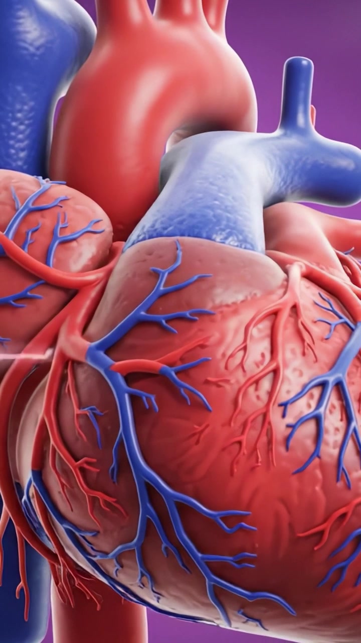 Illustrazione anatomica di un cuore umano: vista dettagliata delle strutture cardiovascolari, dei vasi sanguigni e delle camere visualizzati con colori vivaci.