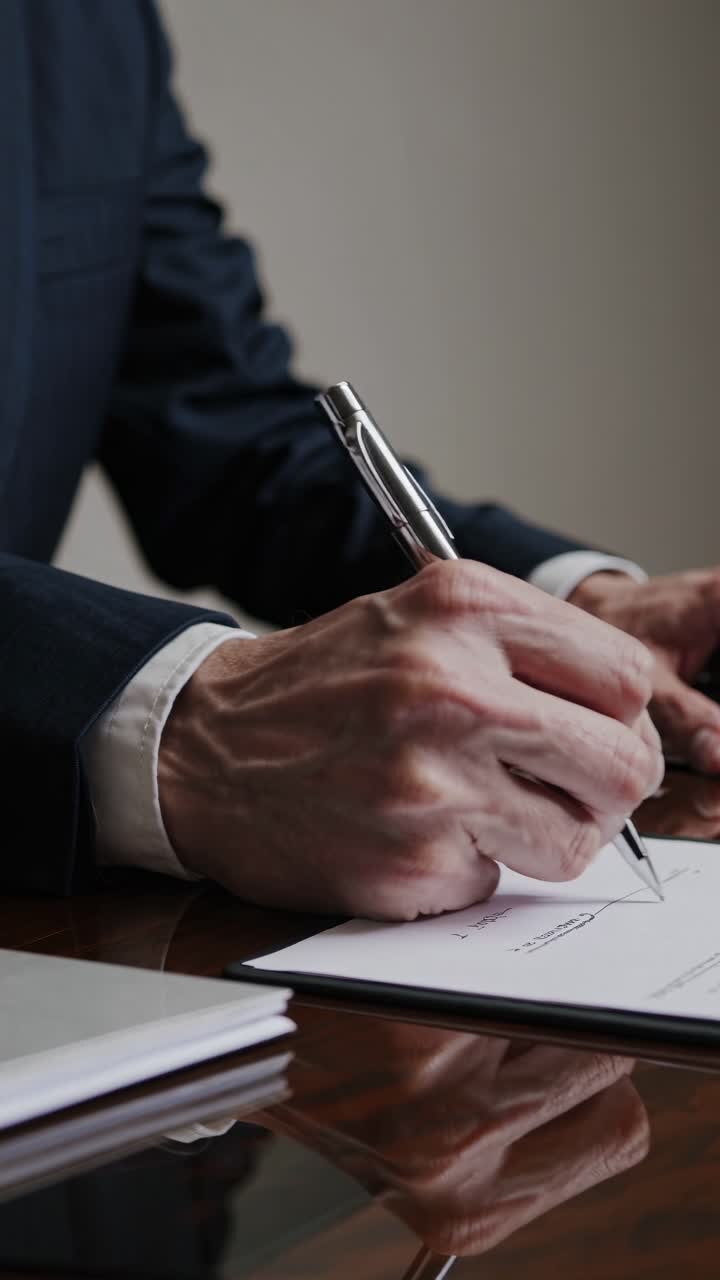 Close-up video shot of a person in a suit writing on paper, showcasing a professional and focused