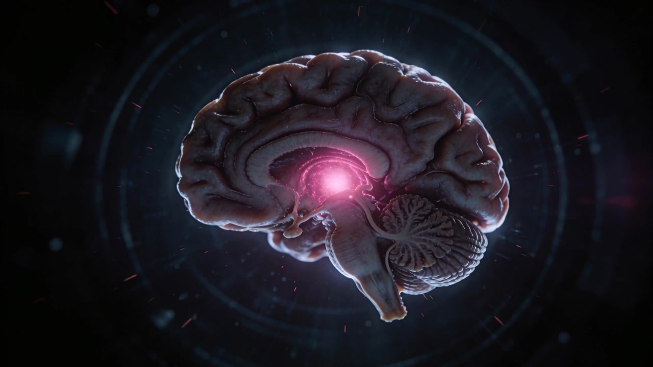 Opening 3D brain pulsing pink core showing inner activity in dark studio, with rings cerebellum