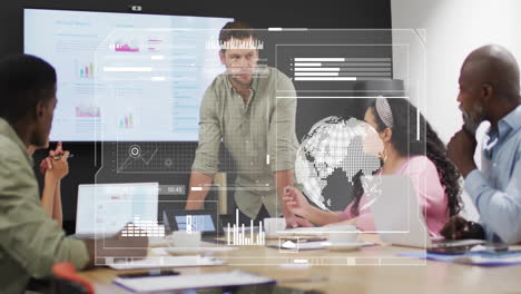 animation of financial data processing over diverse colleagues having meeting in office