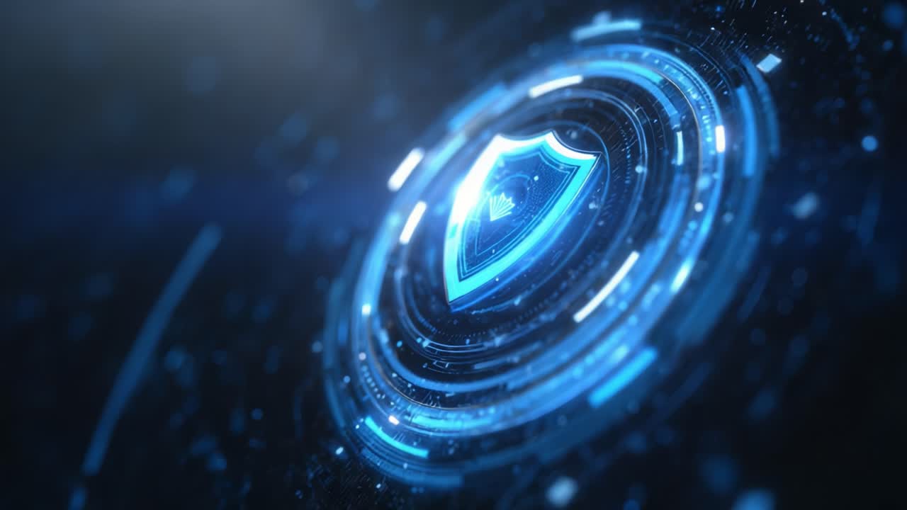 A Futuristic Concept of Cyber Protection Illustrated by a Dynamic Shield Icon Surrounded by Glowing Circular Patterns and Digital Effects Representing Security and Safety