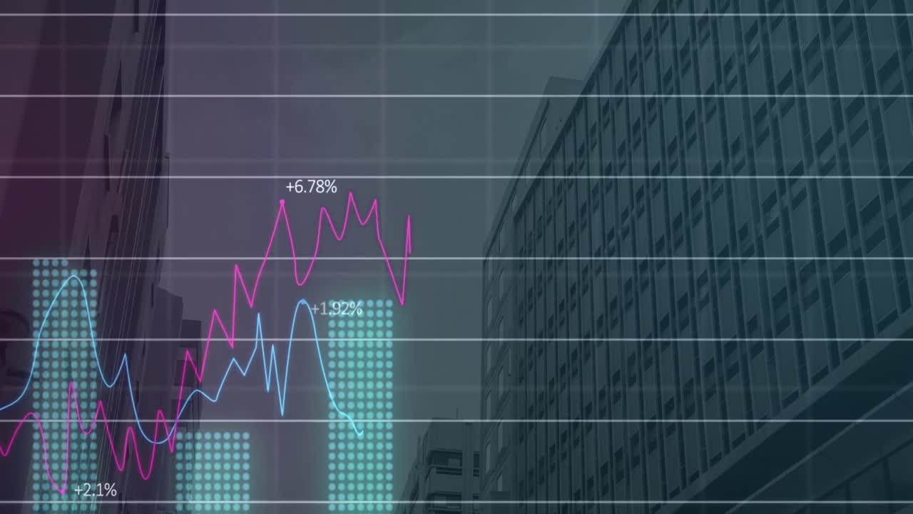 animación del procesamiento de datos estadísticos a través de la red de red contra vista de ángulo bajo de un edificio alto