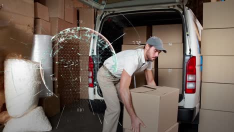 Animation-of-globe-of-connections-over-delivery-man-with-cardboard-box