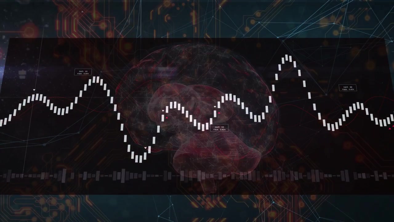 Glassy 3D brain black panel animating dotted line lighting, waveform rising, tracking neural data