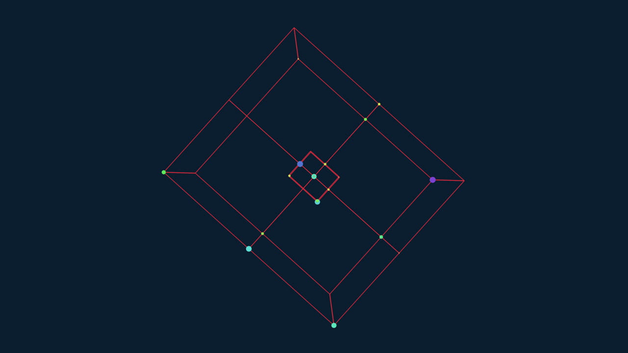 검정색 그라데이션에 네온 점과 선이 있는 디지털 큐브