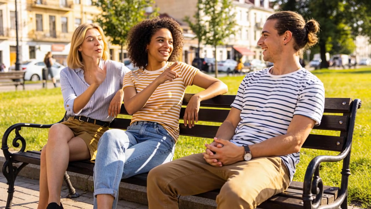 Talking man in striped tee gesturing for fun on park bench, center woman yellow shirt fist-bumping