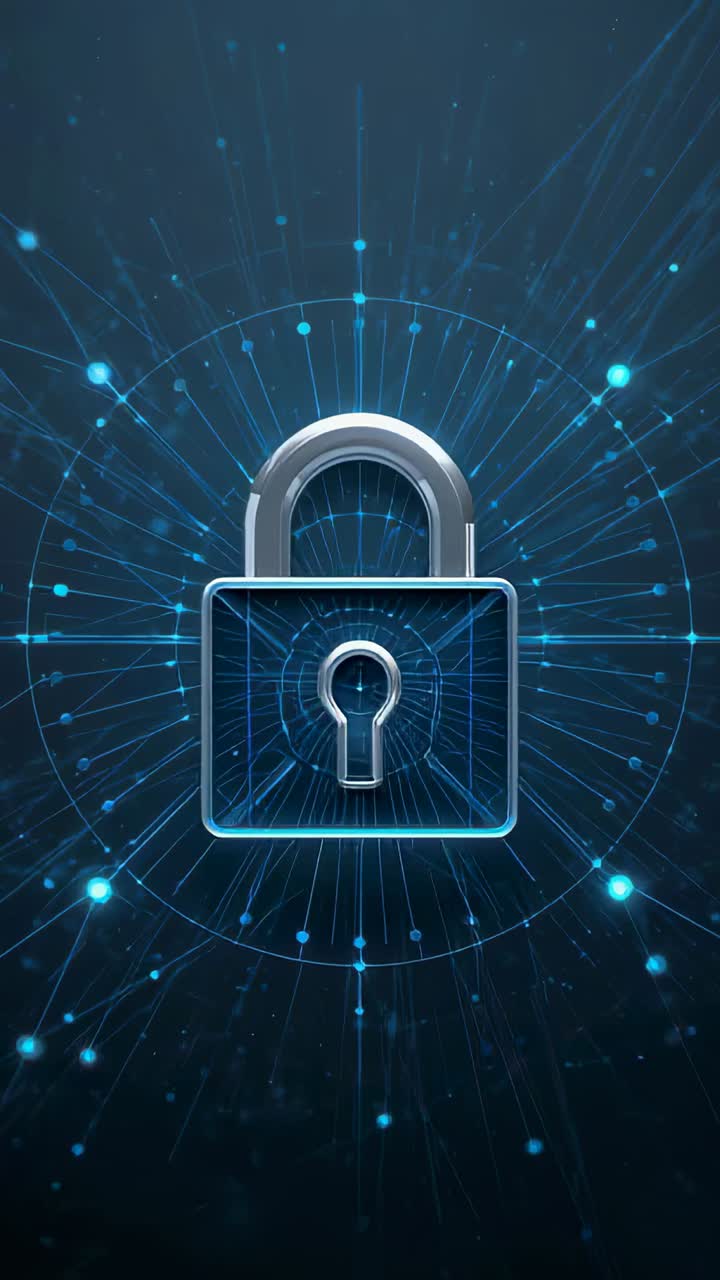 Vertical video: Animating central padlock pulsing on tech backdrop with grid and nodes for security