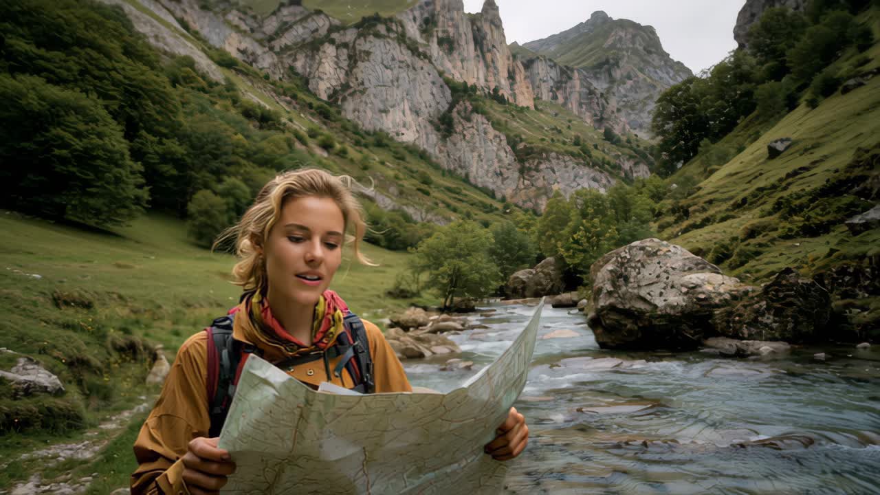 Young woman backpacker studies a paper map beside a fast mountain river in a green alpine valley with rocky cliffs, outdoor travel navigation and hiking adventure