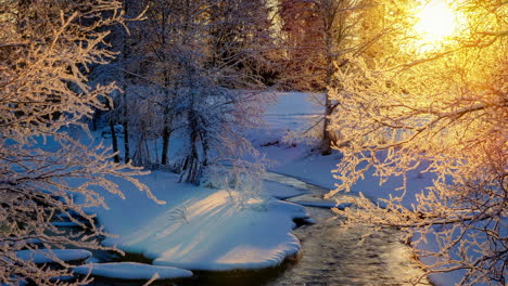Animierter-Hintergrund-Einer-Winterlandschaft-Im-Wald,-Farbenfrohe-Waldatmosphäre,-Ein-Kleiner-Fluss-Fließt,-Während-Die-Sonne-Durch-Die-Äste-Der-Bäume-Bricht