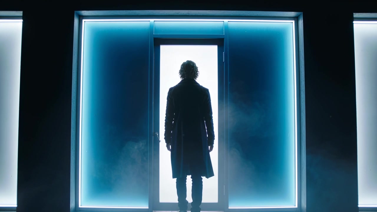 Stepping man in long coat walking through tall lit doorway, backlight intensifying with fog