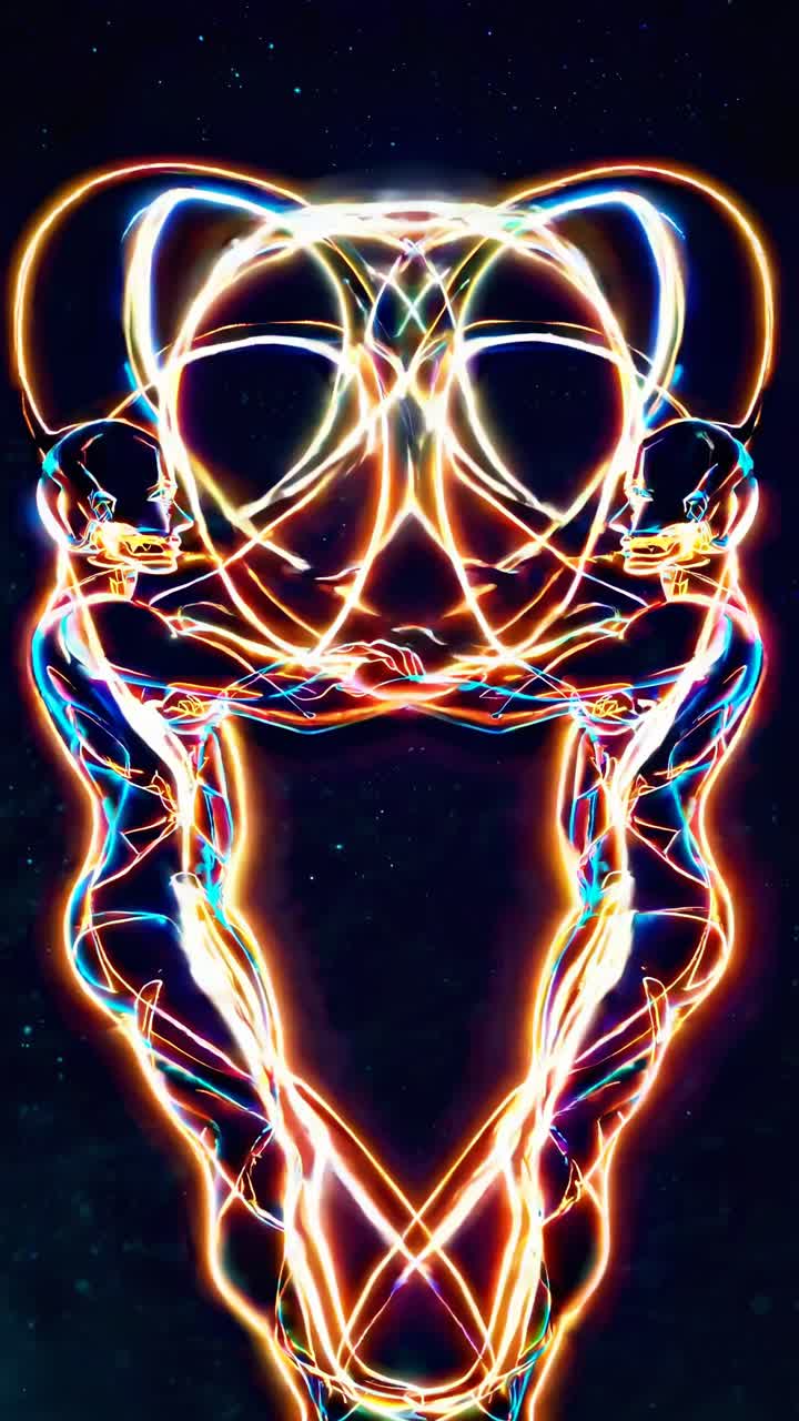 Concept video futuristico con figure umanoidi luminose riflesse simmetricamente
