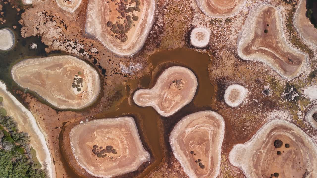 Aerial view of abstract, colorful salt formations in unique patterns