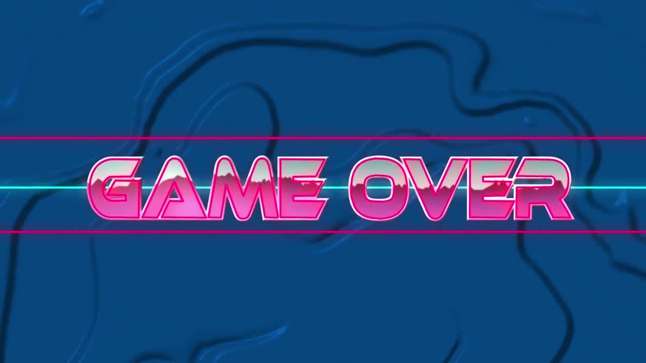 분홍색, 네온 단어 게임의 애니메이션이 파란색, 액체 배경 위에