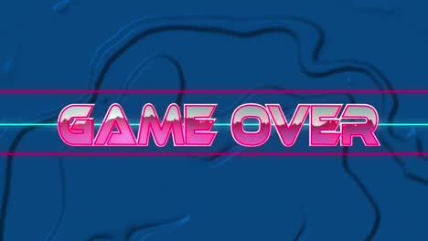 Animation-of-pink,-neon-words-Game-Over-over-blue,-liquid-background