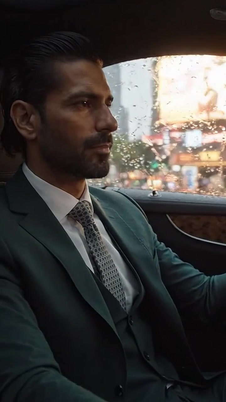 Un uomo elegante in un'auto di lusso osserva le strade cittadine piovose, incarnando eleganza e determinazione mentre cattura l'atmosfera della vita urbana e della raffinatezza.