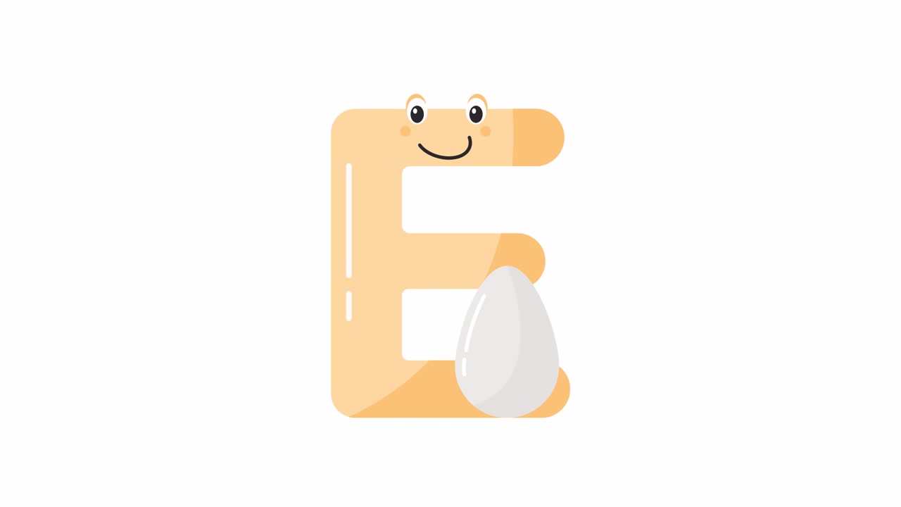Personaggio animato della lettera E sorridente con un uovo