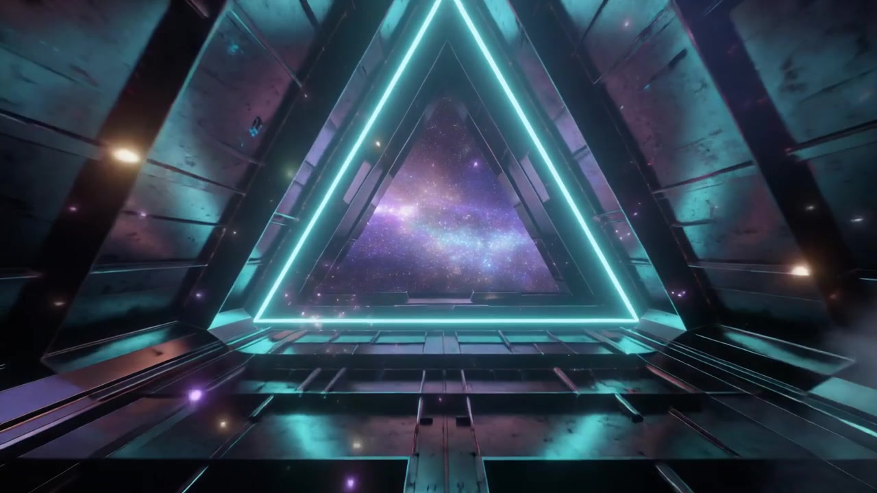 Túnel Triangular Futurista Levando a uma Galáxia no Espaço Profundo