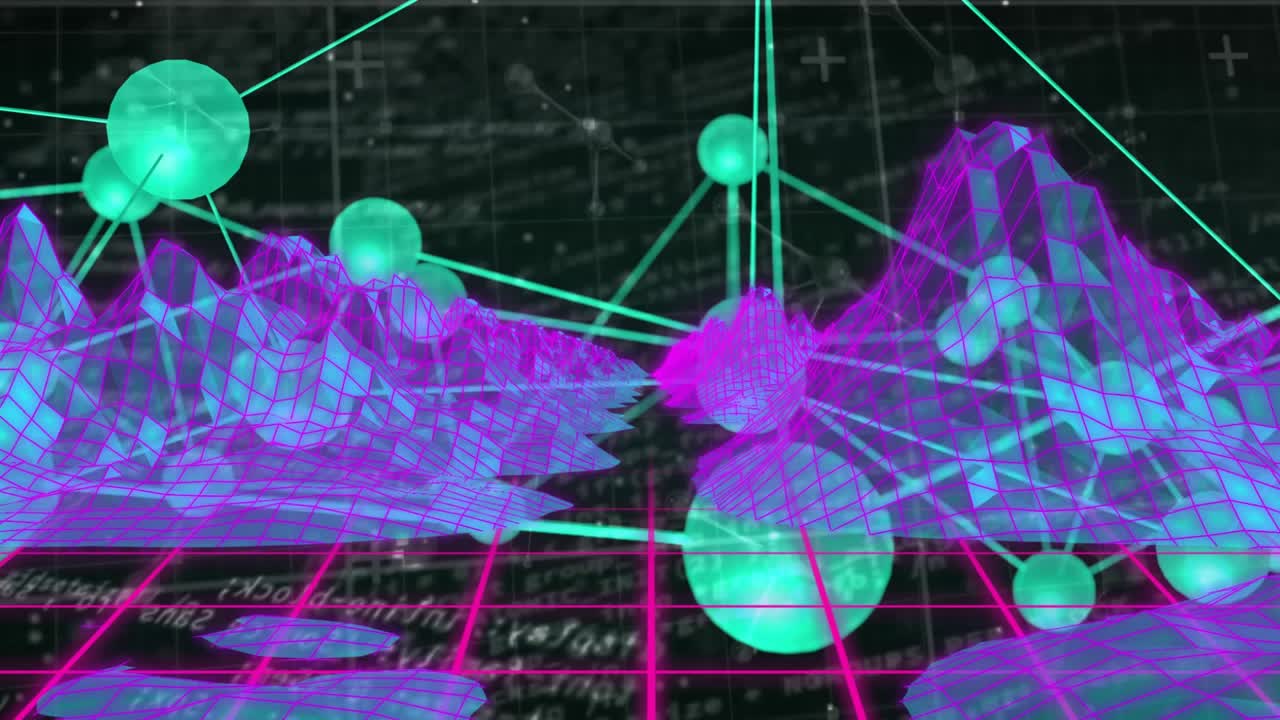 Opening neon grid camera gliding between mesh ridges showing teal spheres orbiting lattice for demo