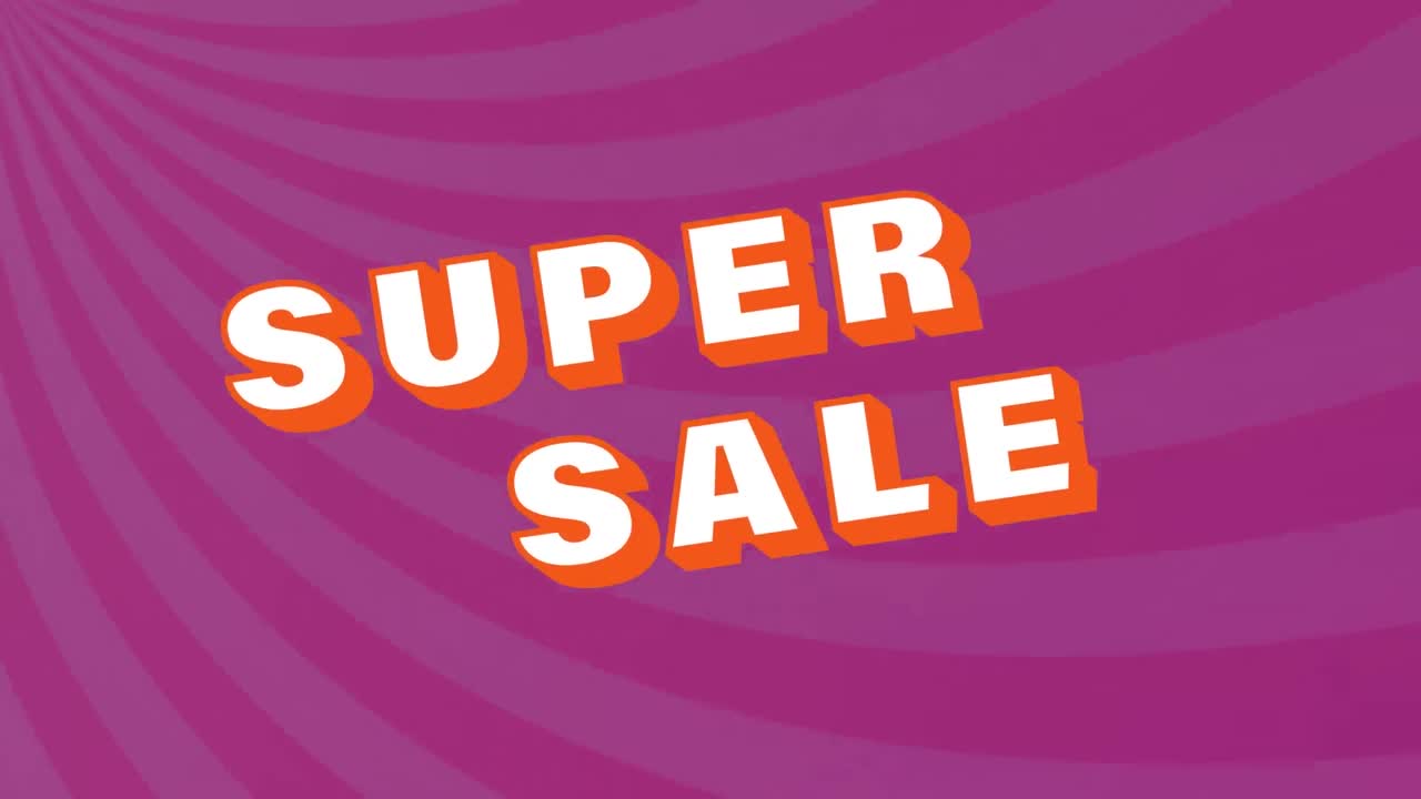 animación del texto de super venta sobre el patrón de rayo de sol contra un fondo púrpura