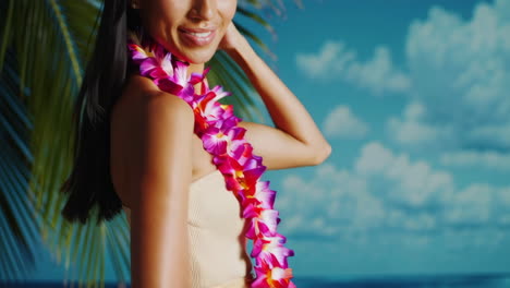 beautiful woman with lei in tropical paradise