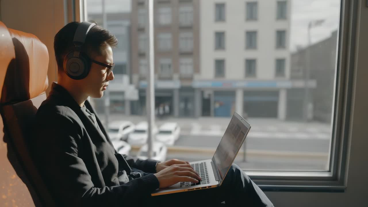 Pendler i blazer med hovedtelefoner ved togvinduet, mens toget kører, bruger bærbar computer, copy space