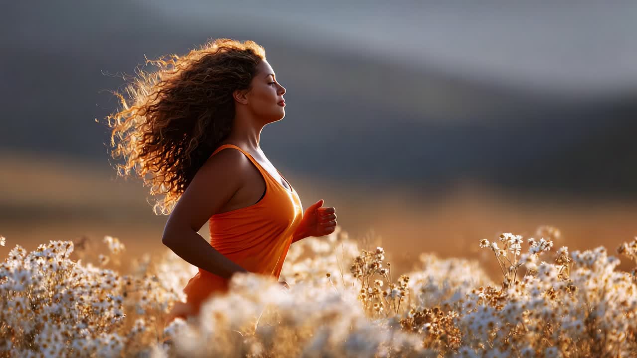A woman in a vibrant orange tank top joyfully runs through a field of blooming flowers, embracing the energy of nature and the beauty of a sunny day in the great outdoors