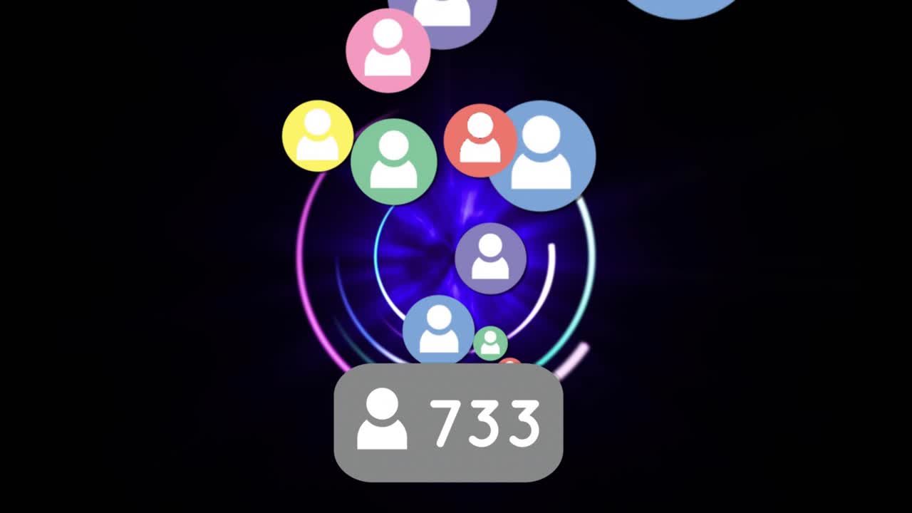 Incoming avatars entering from top and descending, updating gray counter, visualizing user growth