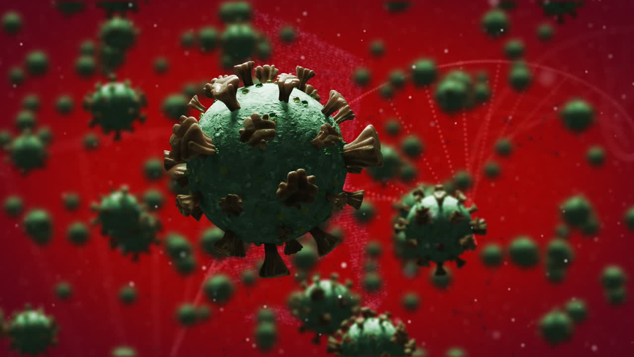 Animation of virus cells over dna strand on red background