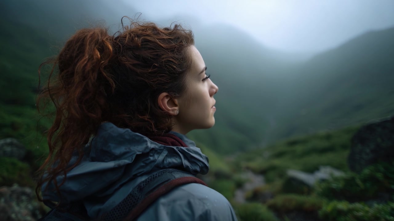 A Pensive Woman Gazes Upon Misty Mountains, Lost in Thought, Embracing the Serene Beauty of Nature's Landscape in a Foggy Environment