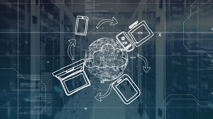 Animation of globe with icons and data processing over computer servers