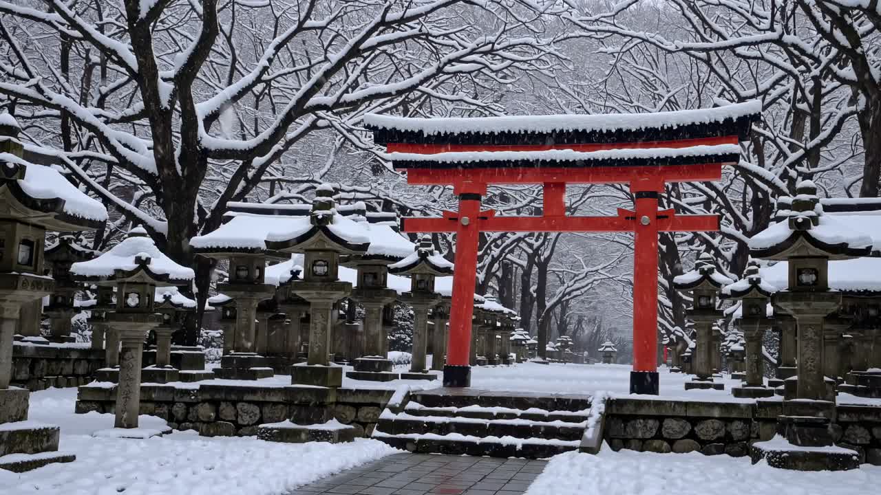 Wide-angle shot of a snow-covered Japanese torii gate and stone lanterns, creating a serene
