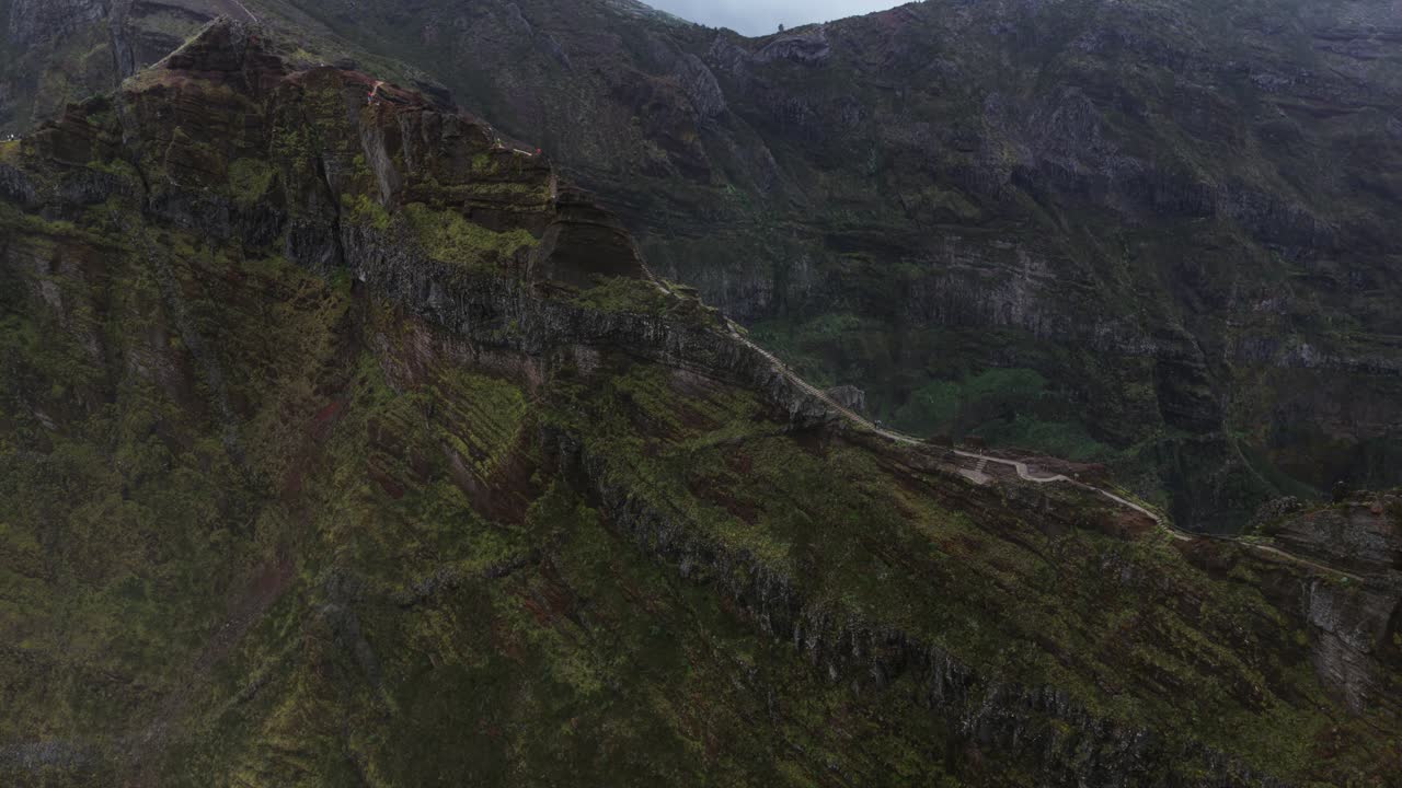 Drone view of the hiking path on the mountain peak of Pico do Areeiro, Madeira island