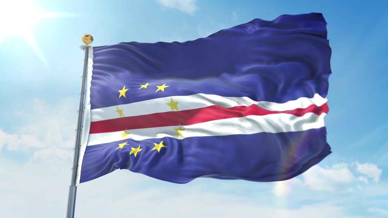 깊은 파란 하늘을 배경으로 바람에 흔들리는 케이프 베르데 발, 국가 테마, 국제 개념, 3d 렌더링, 시엄리스 루프, 4k