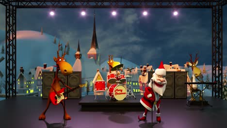 funny crazy santa claus and reindeer play musical instruments in the christmas winter town. the concept of christmas and new year. seamless loop christmas animation.