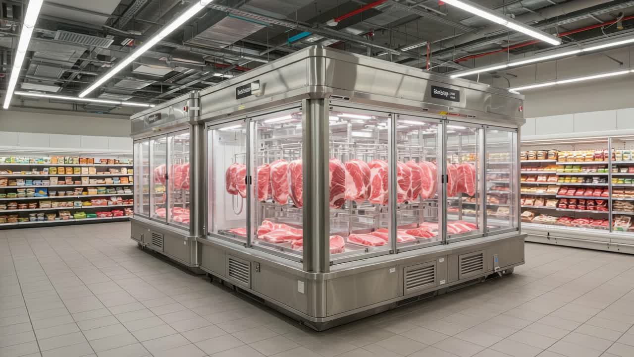 Modern Refrigerated Meat Display in a Supermarket Featuring Fresh Cuts of Pork in a Spacious and Well-Lit Setting, Showcasing the Quality of Meat Products Available for Purchase