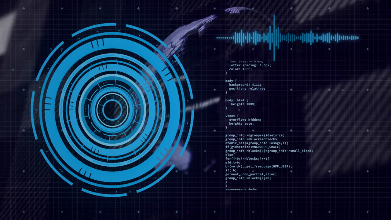 Animation of futuristic digital interface with circular patterns and coding on grid