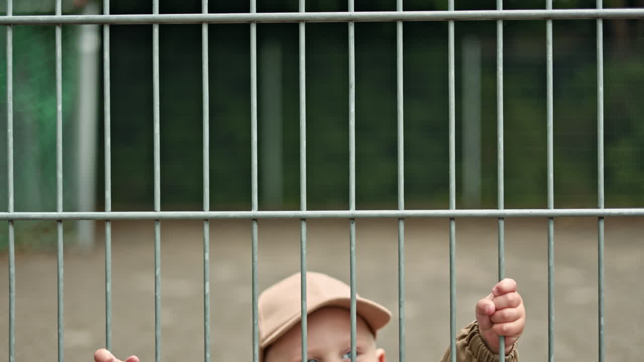 Un ragazzo fa capolino da dietro una grata di metallo per strada. Il bambino gioca all'aperto ed esplora l'ambiente. Il ragazzo gioca al parco giochi