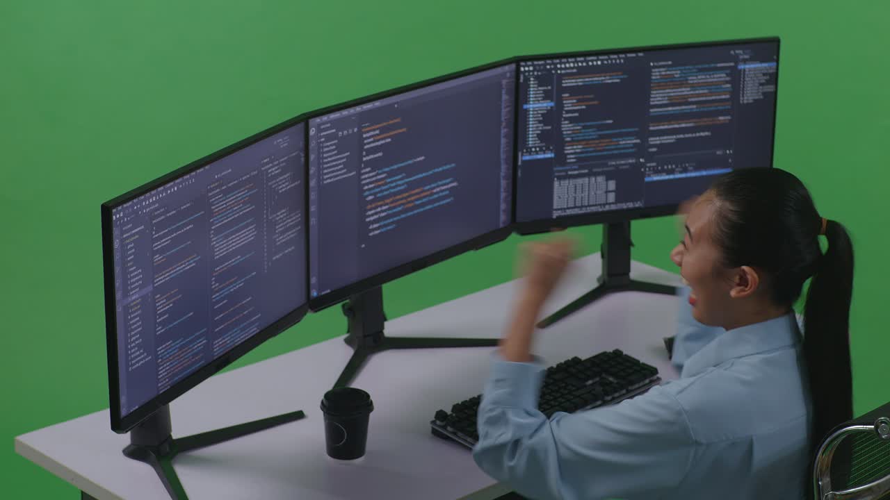 mujer feliz celebrando el éxito de la codificación