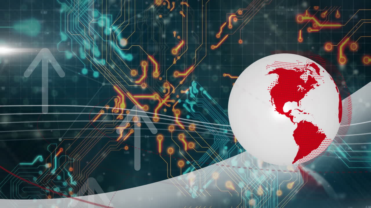Digital circuit board with glowing connections and red continents globe animation