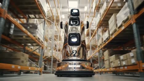 Advanced Automated Robotics: A High-Tech Robot Maneuvers Through a Warehouse Environment, Showcasing Innovations in Supply Chain Efficiency and Warehouse Management