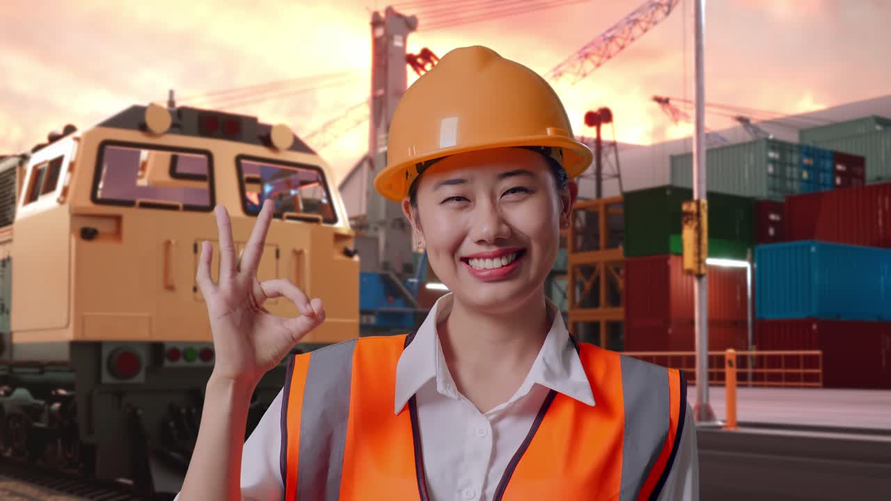 Close Up Of Asian Female Engineer With Safety Helmet Smiling And Showing Okay Gesture To The Camera With Freight Cargo Train At Port