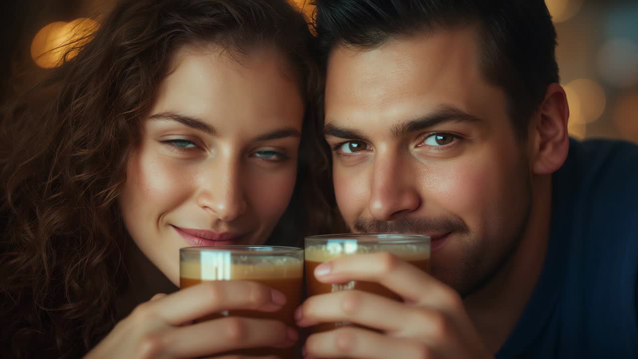 Leaning couple toasting with frothy coffee cups at chin level in cafe, with warm bokeh lights
