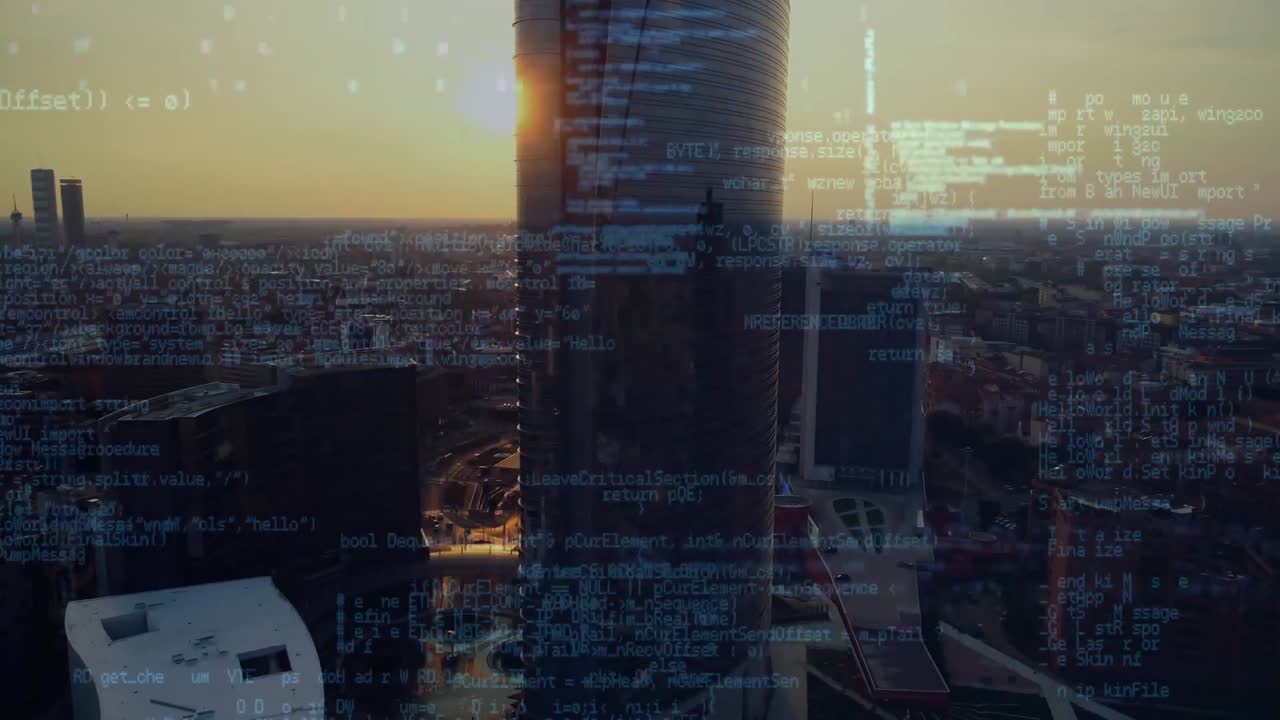 Animation of data processing over cityscape at sunset