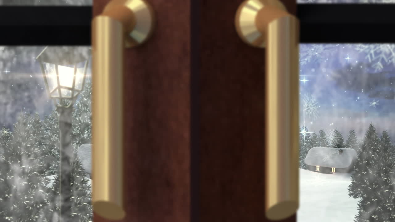 창문 을 통해 볼 수 있는 겨울 풍경, 등불 및 집 들 의 애니메이션
