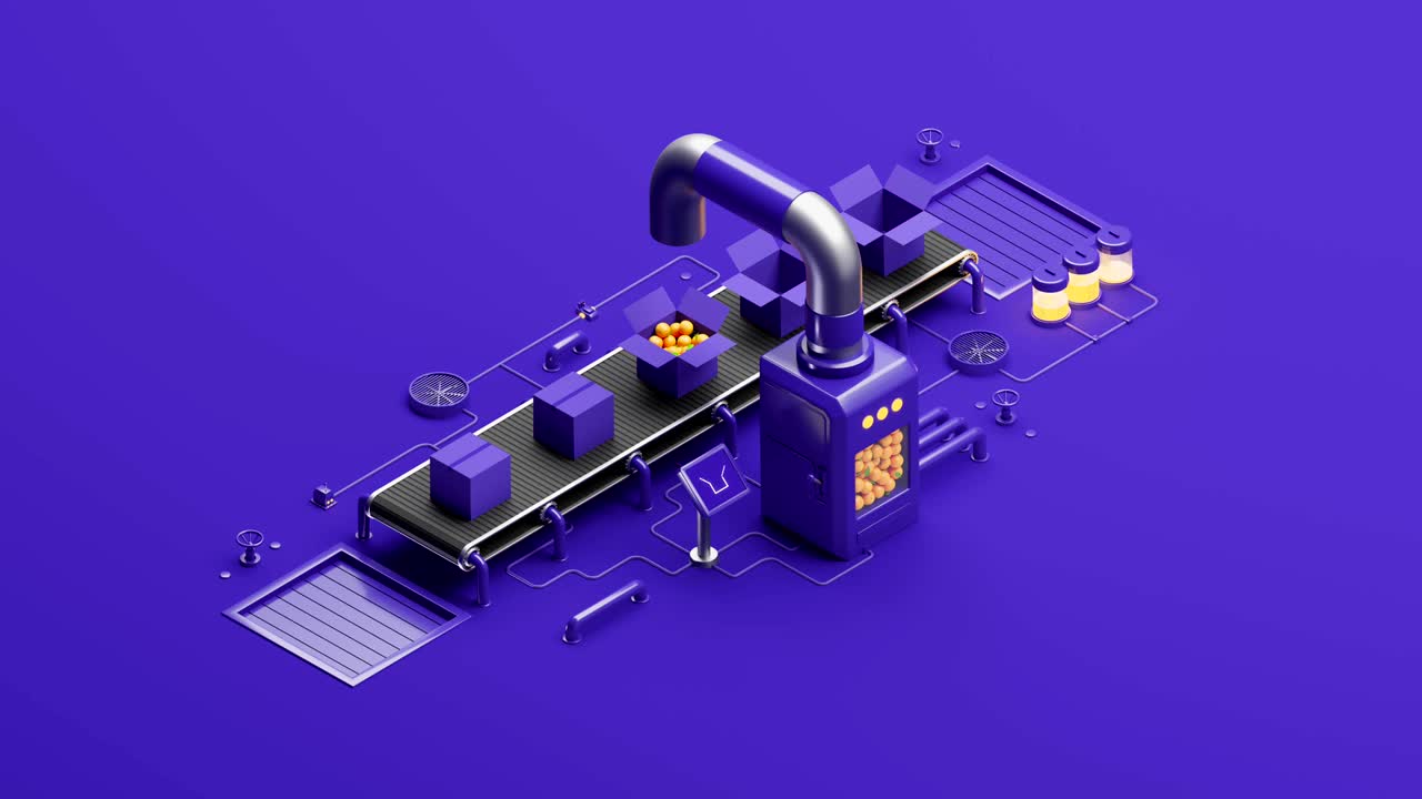 el transportador mecánico mueve cajas con naranjas cítricas en el fondo violeta de la tubería de metal vierte frutas jugosas. animación de bucle sin costuras 3d.
