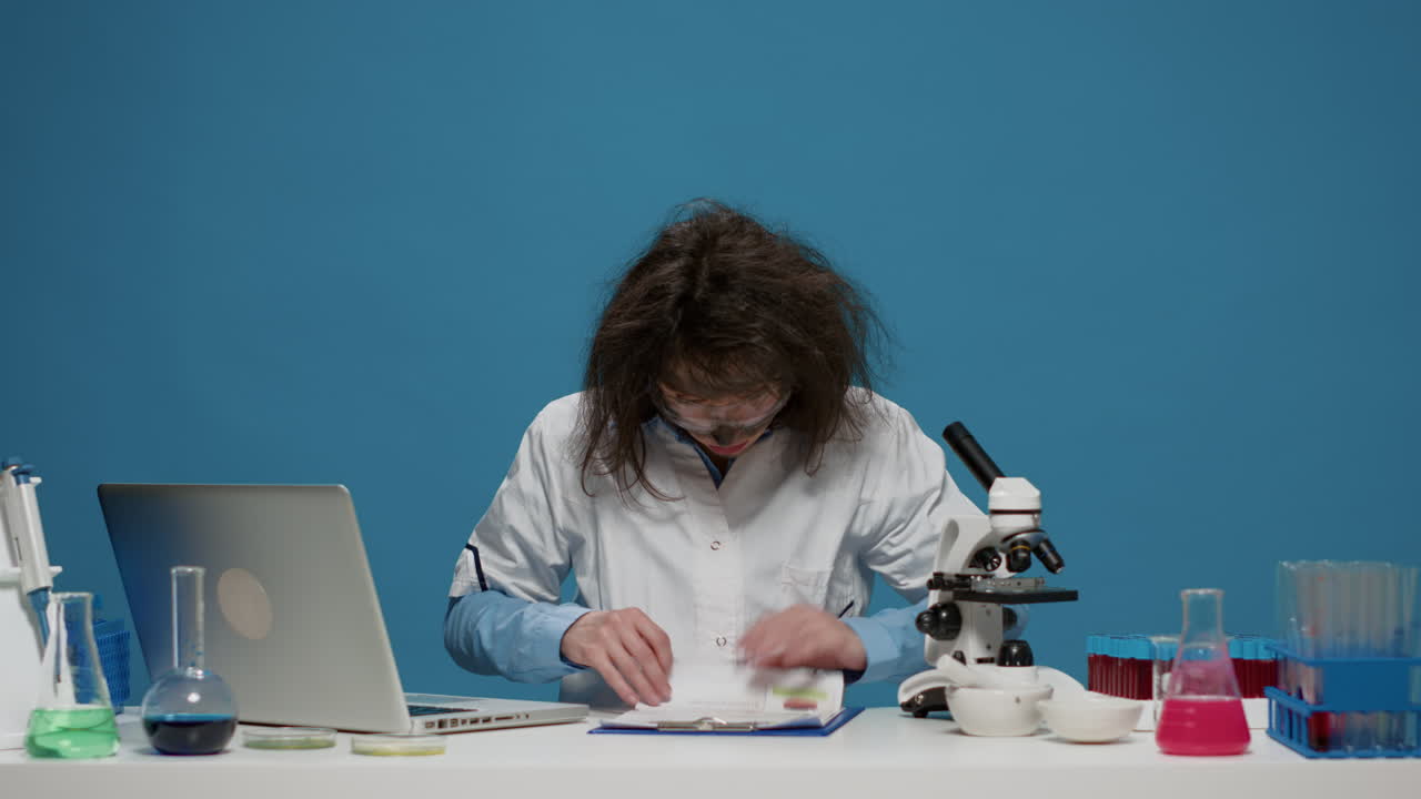 Goofy mad scientist using laptop and documents on camera