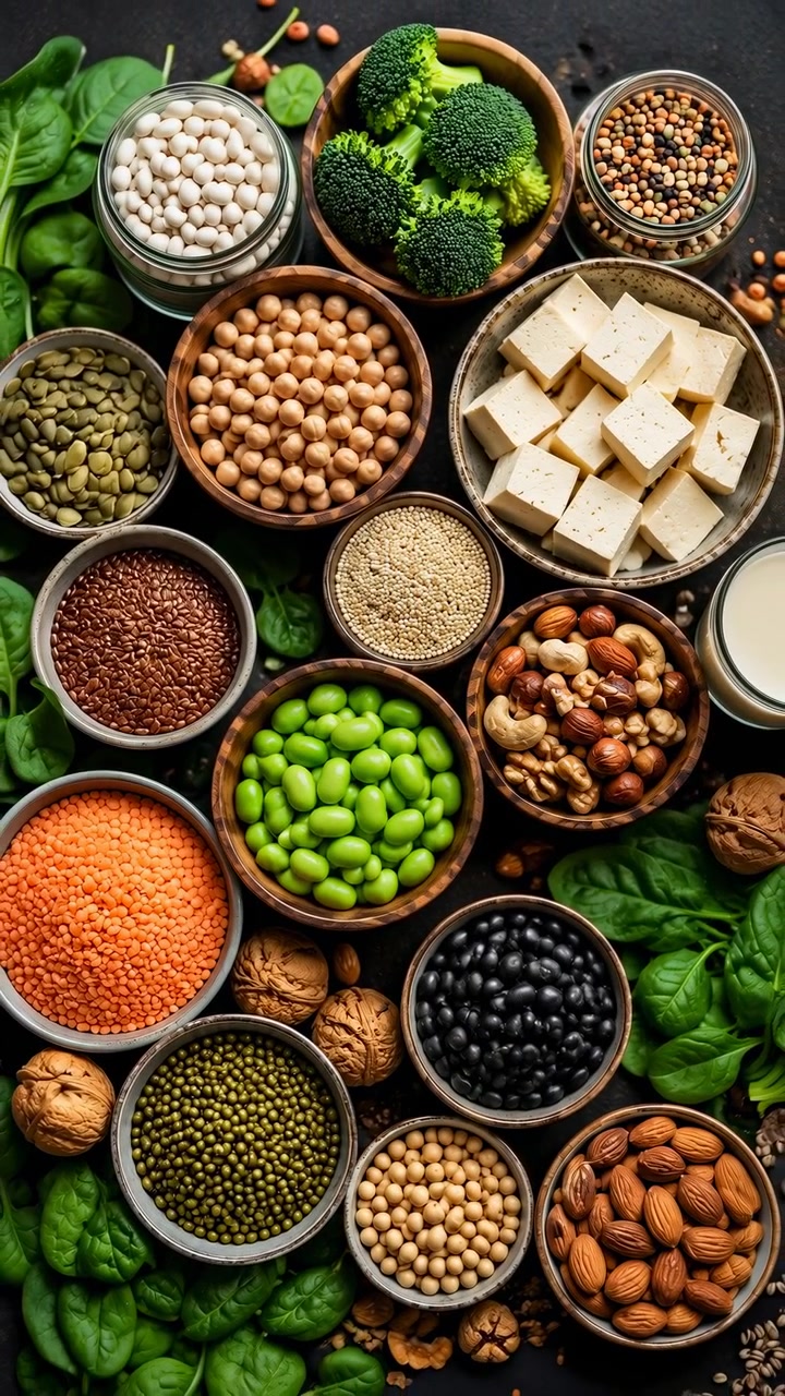 Despensa de proteínas veganas vista desde arriba, cuencos coloridos de garbanzos, lentejas, edamame, tofu, almendras y nueces dispuestos.