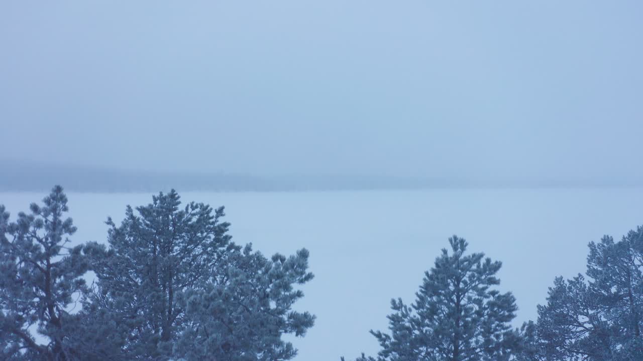 The beautiful blue misty magical landscape of Lapland, Finland - aerial descend