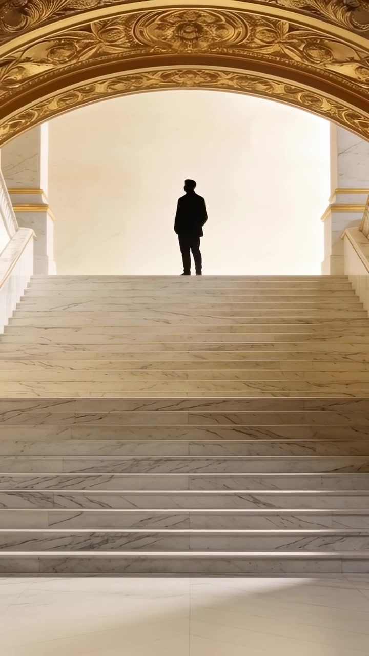 Vertical video: Recording man in dark clothes shifting posture atop marble steps in palace, arch
